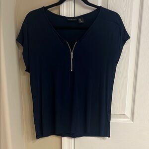 Tahari Blue Cap Sleeve Relaxed Blouse with Zipper Detail
